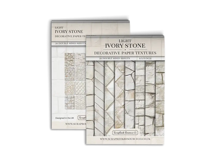 Front and Back cover of a decorative paper prints pad that contains beige coloured stone textures