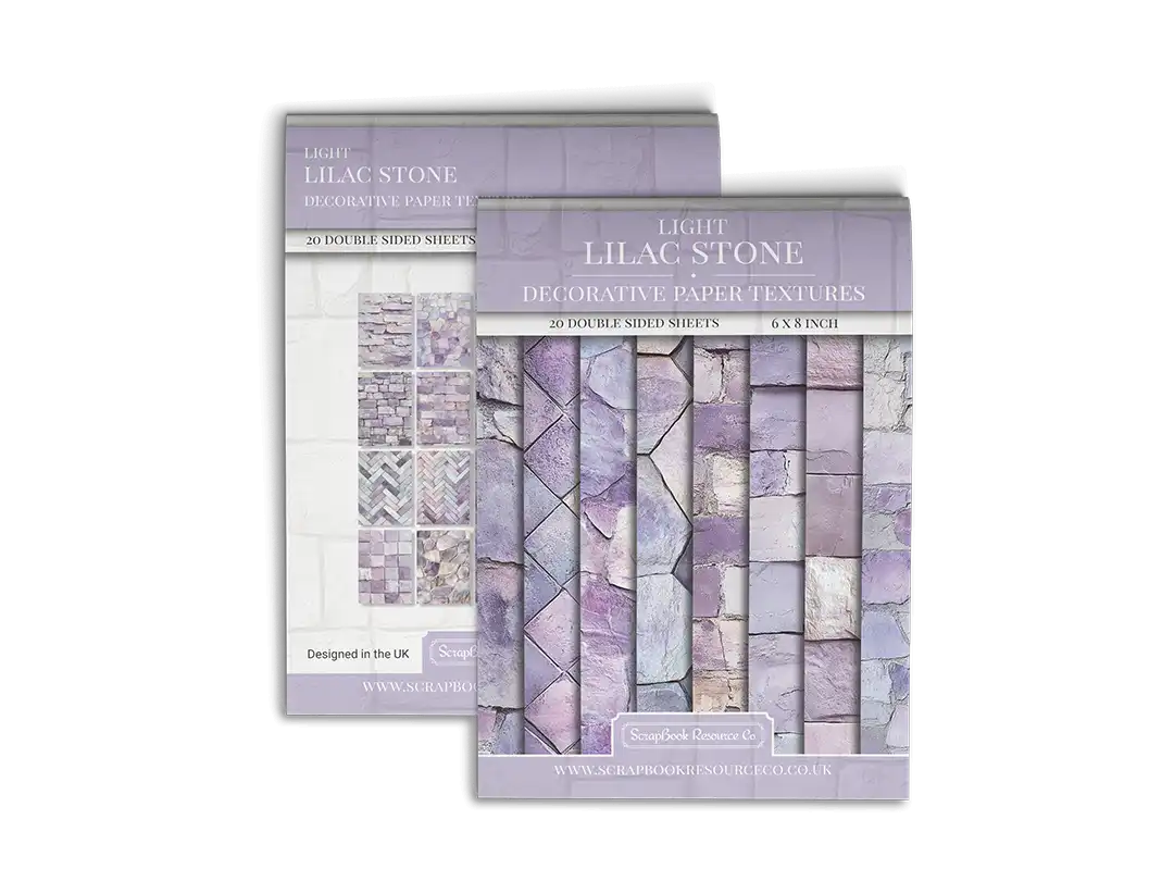 Front and Back cover of a decorative paper prints pad that contains lilac coloured stone textures