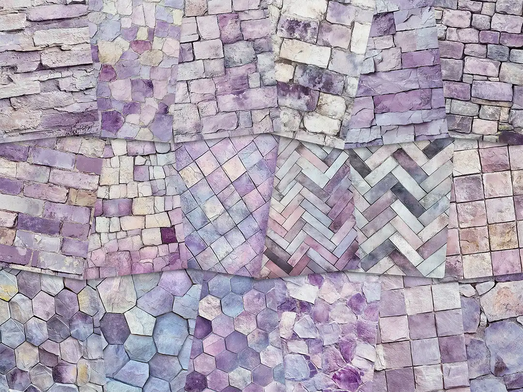 Collage of paper sheets showing the content of the stone textures prints pad. The images on the paper sheets are stone textures in lilac colours