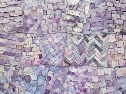 Collage of paper sheets showing the content of the stone textures prints pad. The images on the paper sheets are stone textures in lilac colours