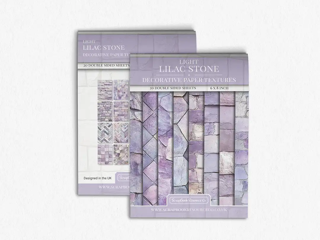 Front and Back cover of a decorative paper prints pad that contains lilac coloured stone textures
