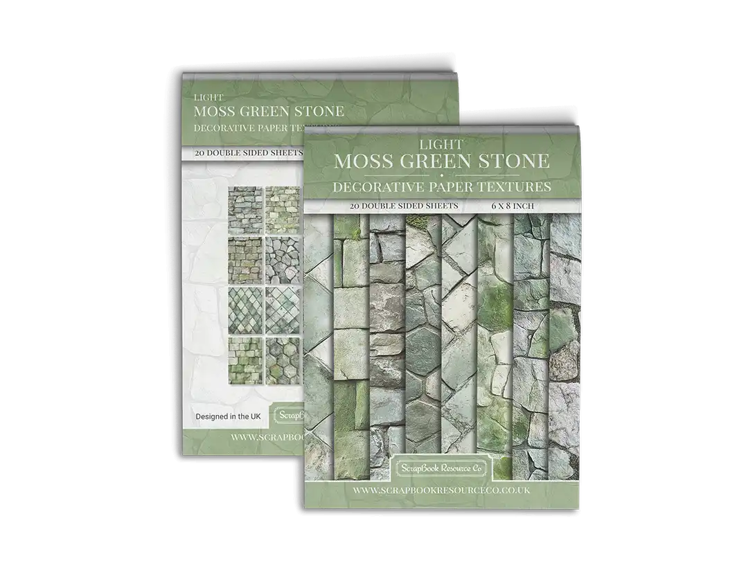 Front and Back cover of a decorative paper prints pad that contains green coloured stone textures