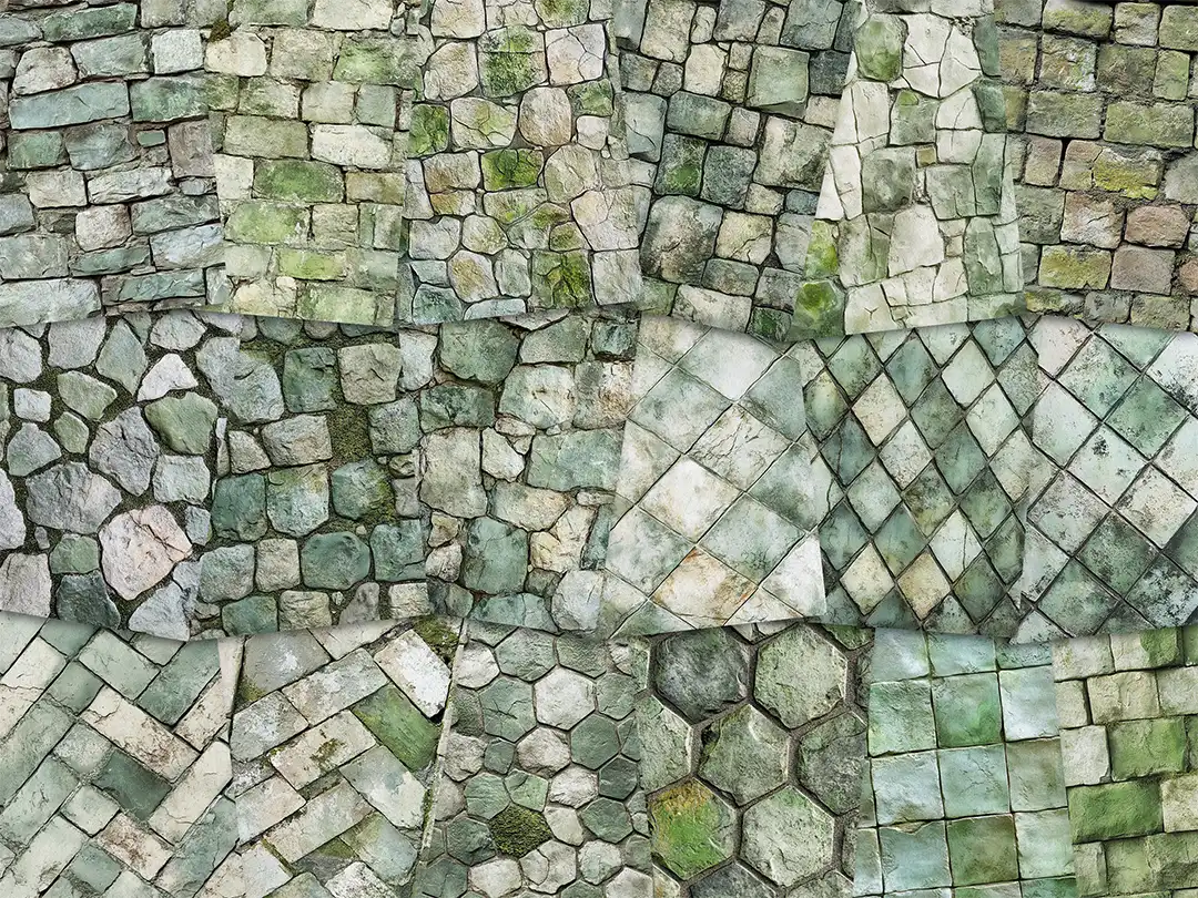 Collage of paper sheets showing the content of the stone textures prints pad. The images on the paper sheets are stone textures in green colours