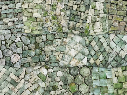 Collage of paper sheets showing the content of the stone textures prints pad. The images on the paper sheets are stone textures in green colours