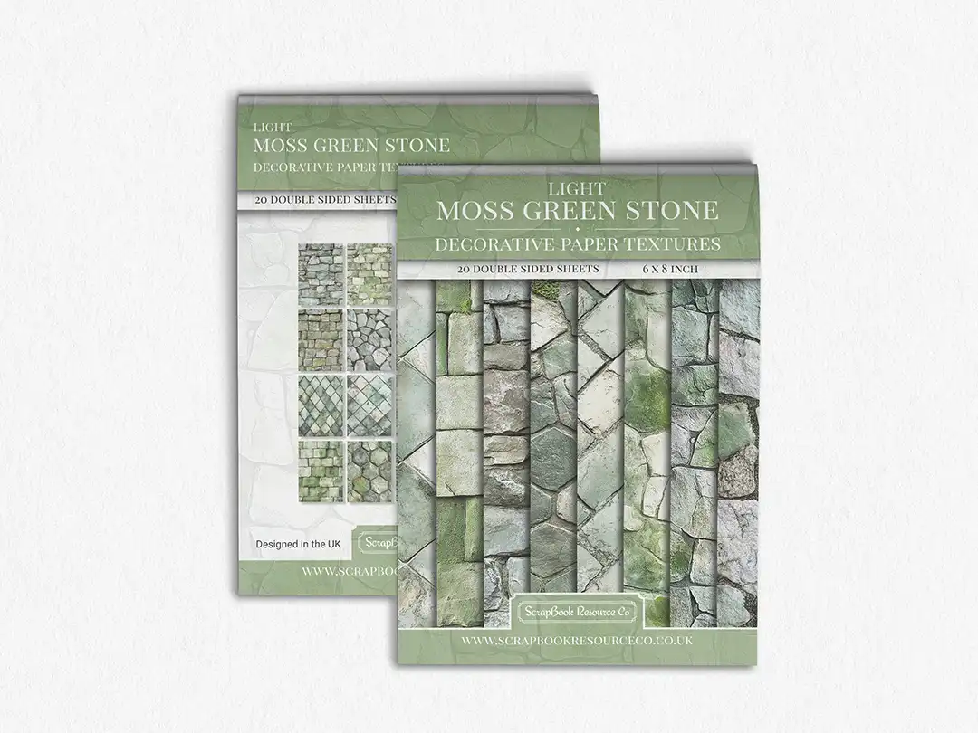 Front and Back cover of a decorative paper prints pad that contains green coloured stone textures
