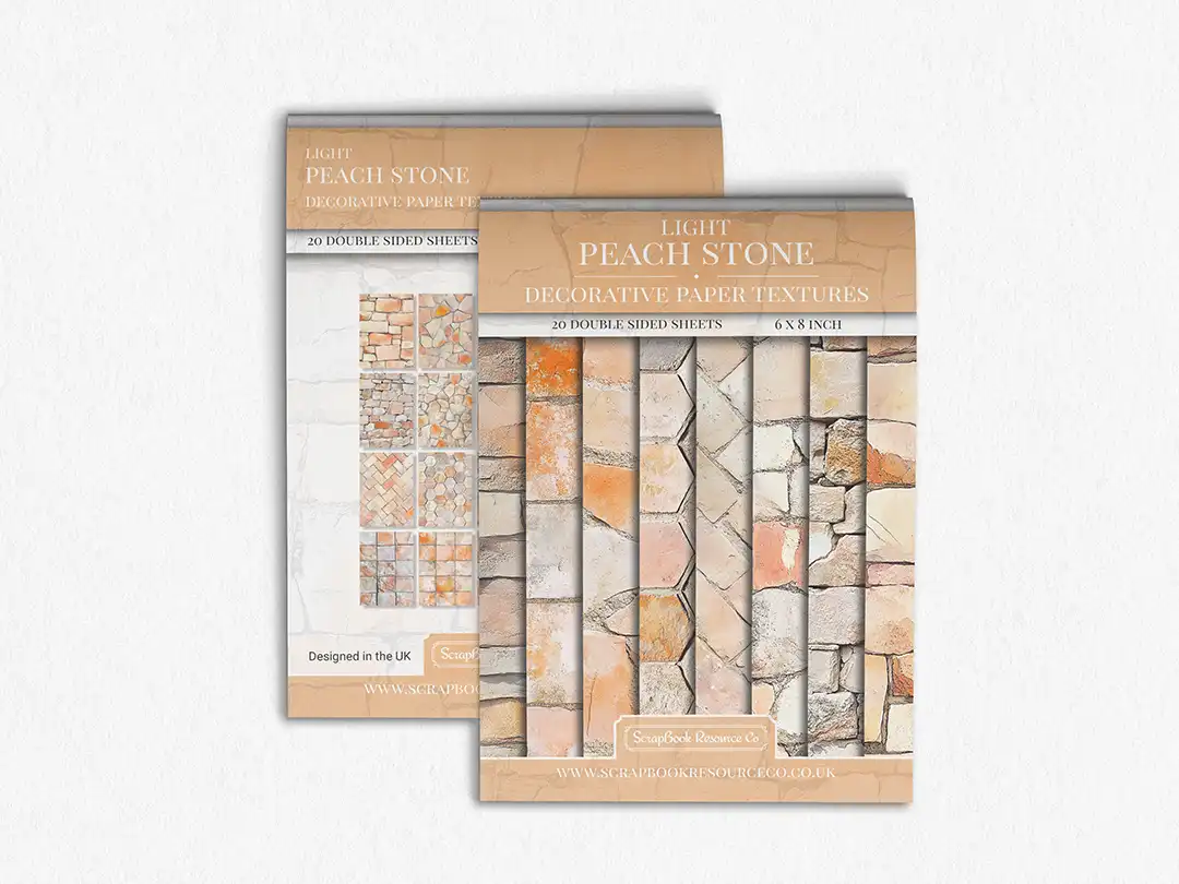 Front and Back cover of a decorative paper prints pad that contains peach coloured stone textures