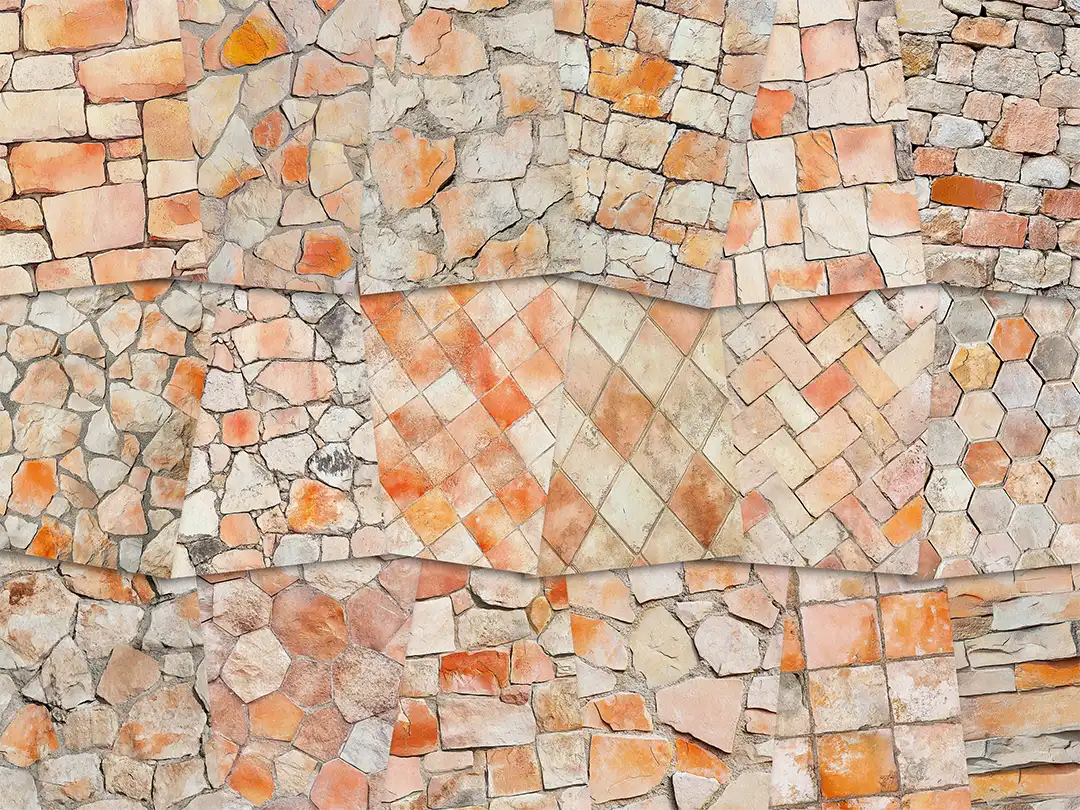 Collage of paper sheets showing the content of the stone textures prints pad. The images on the paper sheets are stone textures in peach colours