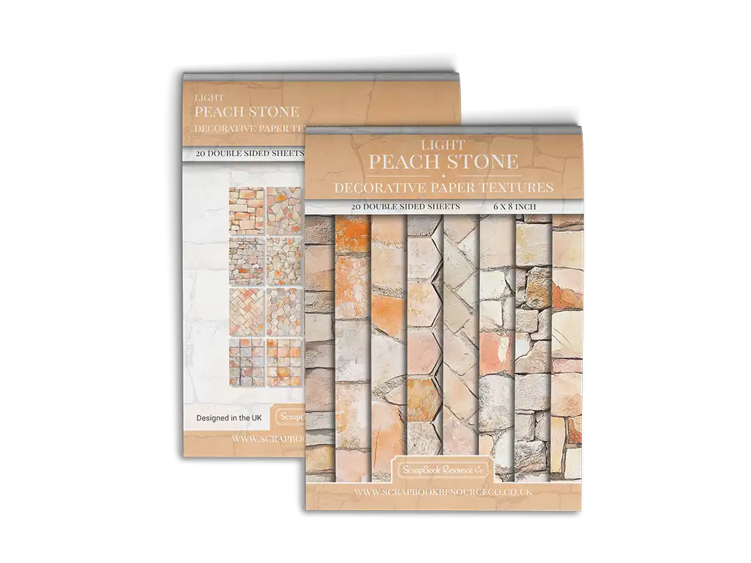 Front and Back cover of a decorative paper prints pad that contains peach coloured stone textures