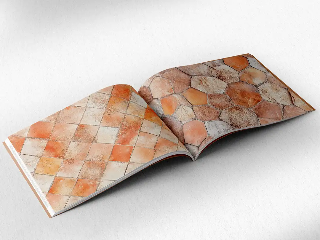 open book showing the inside pages of the decorative stone textures prints pad. The picture inside the book is a orange stone texture