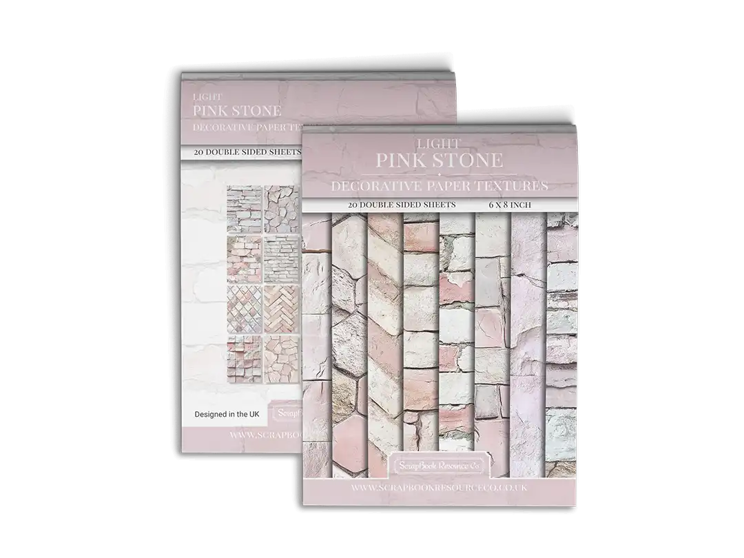 Front and Back cover of a decorative paper prints pad that contains pink coloured stone textures
