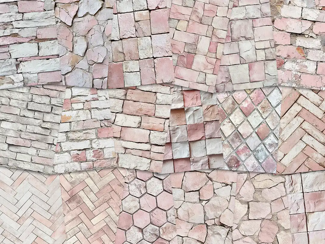 Collage of paper sheets showing the content of the stone textures prints pad. The images on the paper sheets are stone textures in pink colours