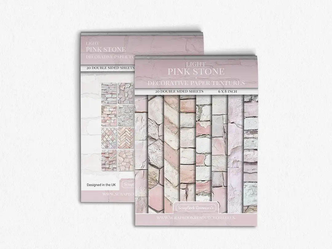 Front and Back cover of a decorative paper prints pad that contains pink coloured stone textures