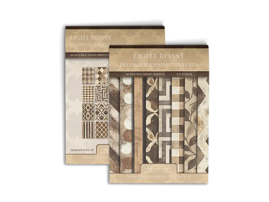 Front and back cover of a decorative paper prints pad with various patterns and textures in a beige colour, intended for use in junk journaling, scrapbooking, and cardmaking.