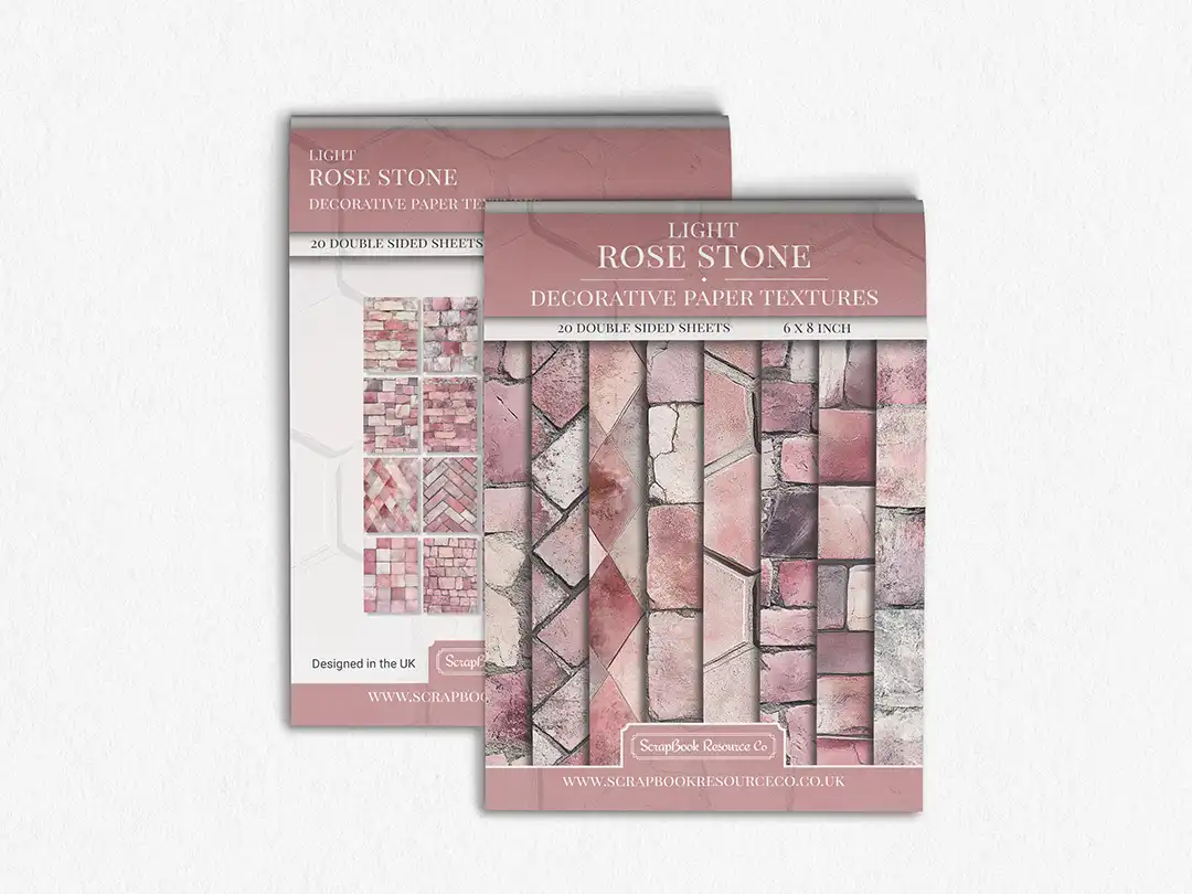 Front and Back cover of a decorative paper prints pad that contains pink coloured stone textures