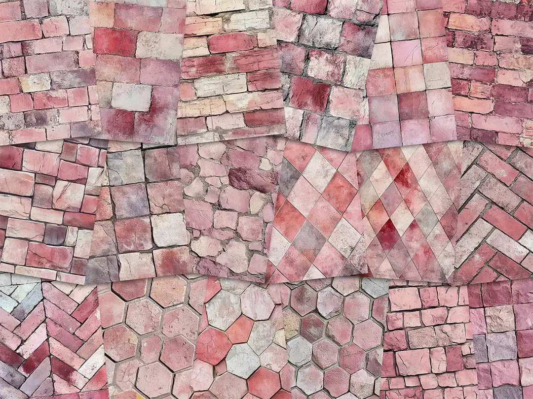 Collage of paper sheets showing the content of the stone textures prints pad. The images on the paper sheets are stone textures in pink colours