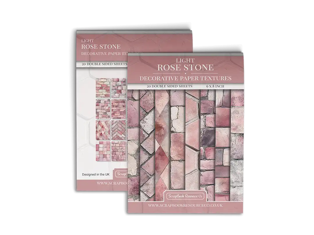 Front and Back cover of a decorative paper prints pad that contains pink coloured stone textures