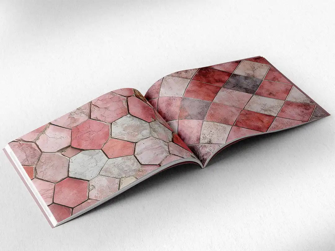 open book showing the inside pages of the decorative stone textures prints pad. The picture inside the book is a pink stone texture