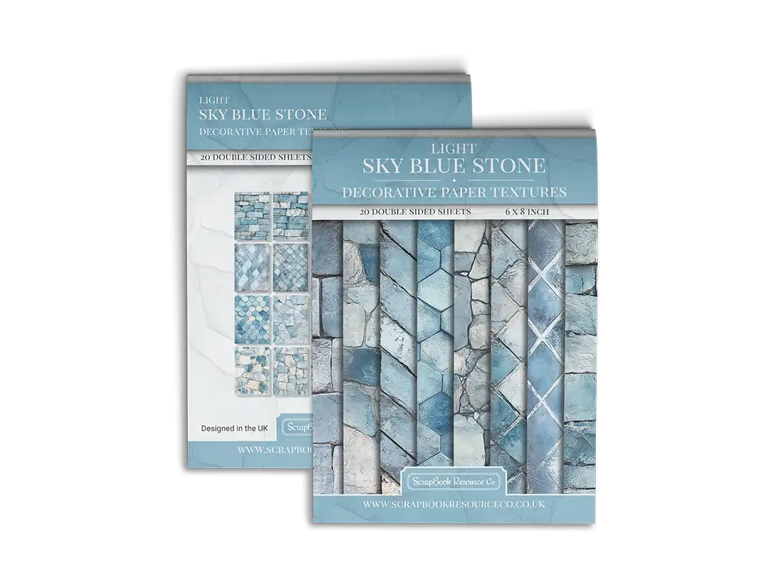 Front and Back cover of a decorative paper prints pad that contains blue coloured stone textures