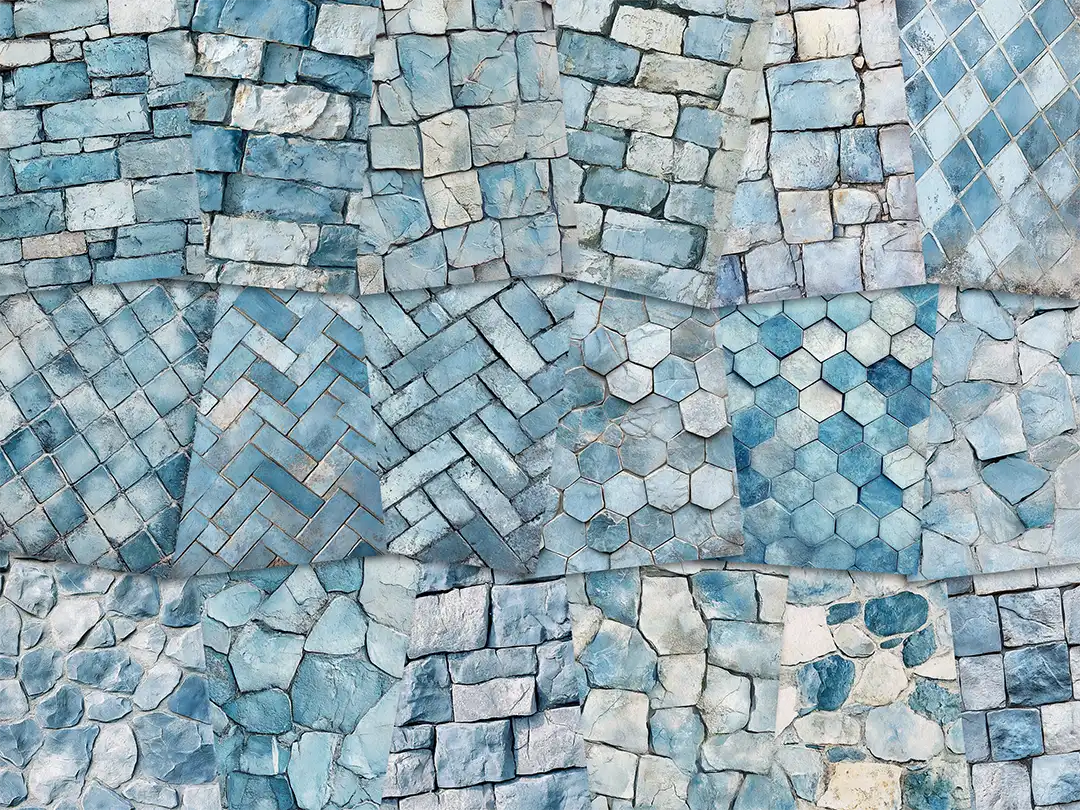 Collage of paper sheets showing the content of the stone textures prints pad. The images on the paper sheets are stone textures in blue colours
