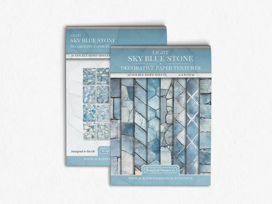 Front and Back cover of a decorative paper prints pad that contains blue coloured stone textures