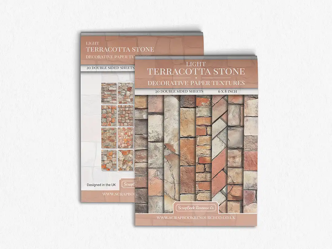 Front and Back cover of a decorative paper prints pad that contains orange coloured stone textures