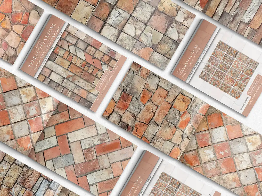 Collage of print pads organised into neat rows opened on various pages to display the inside pages which contain orange coloured stone textures