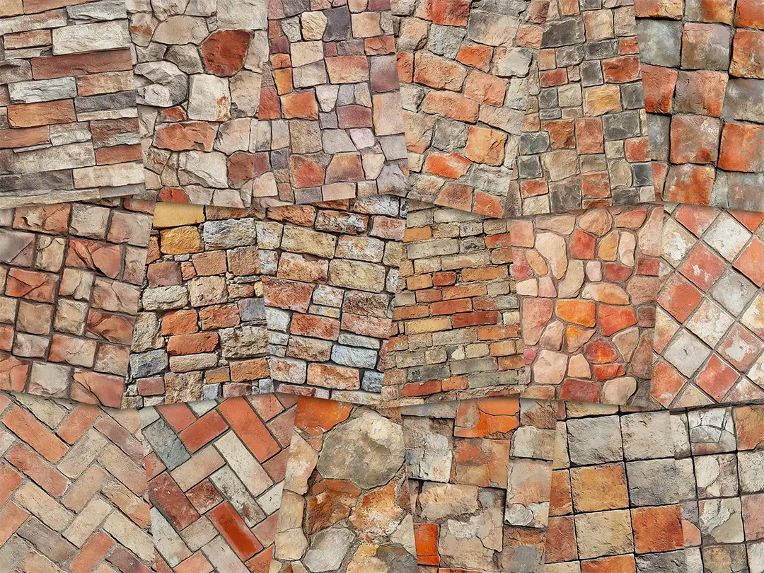 Collage of paper sheets showing the content of the stone textures prints pad. The images on the paper sheets are stone textures in orange colours