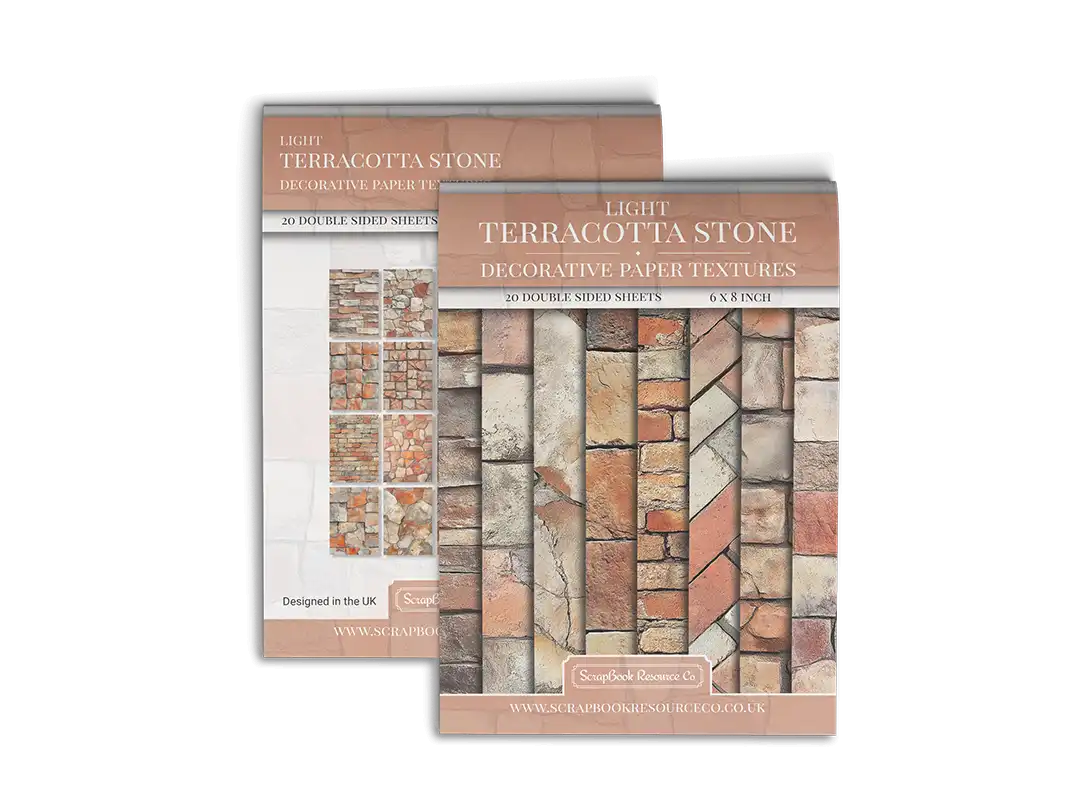 Front and Back cover of a decorative paper prints pad that contains orange coloured stone textures