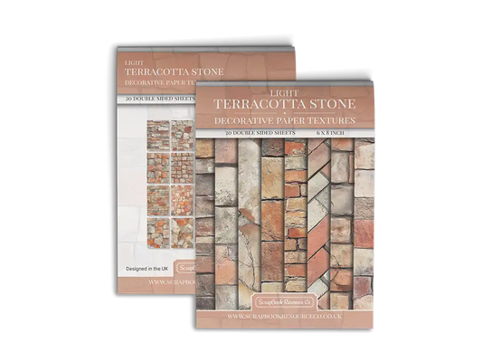 Front and Back cover of a decorative paper prints pad that contains orange coloured stone textures
