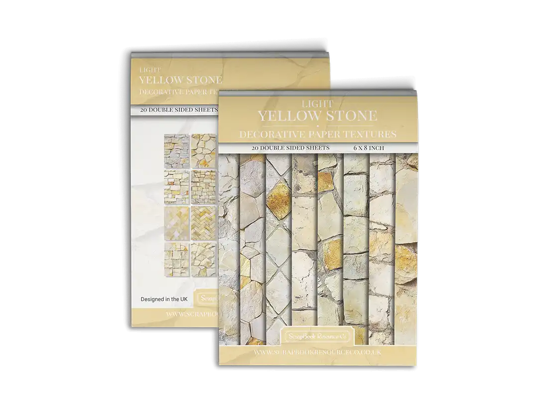 Front and Back cover of a decorative paper prints pad that contains yellow coloured stone textures