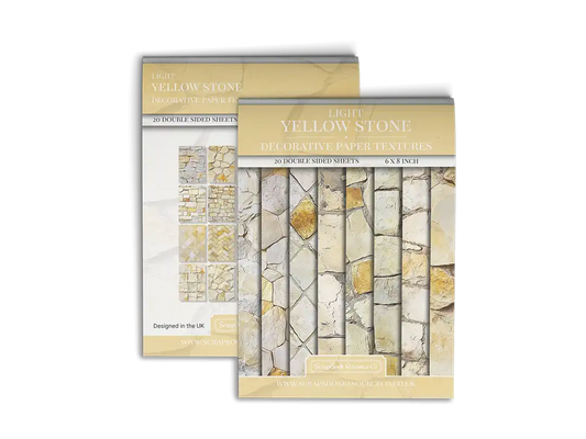 Front and Back cover of a decorative paper prints pad that contains yellow coloured stone textures