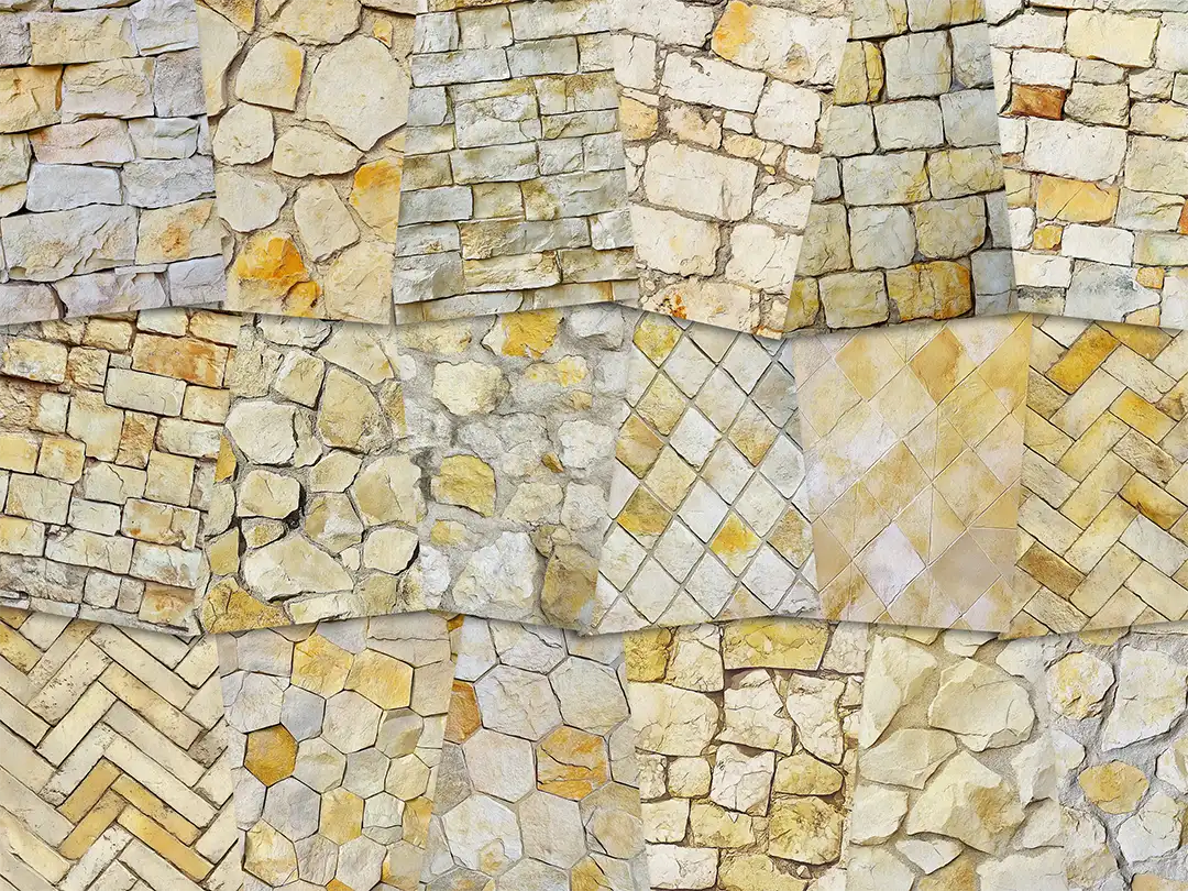 Collage of paper sheets showing the content of the stone textures prints pad. The images on the paper sheets are stone textures in yellow colours