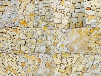 Collage of paper sheets showing the content of the stone textures prints pad. The images on the paper sheets are stone textures in yellow colours
