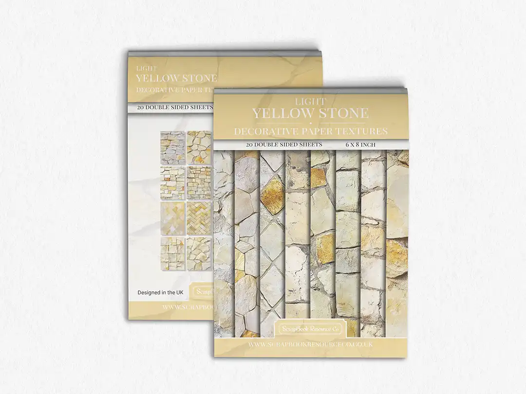 Front and Back cover of a decorative paper prints pad that contains yellow coloured stone textures