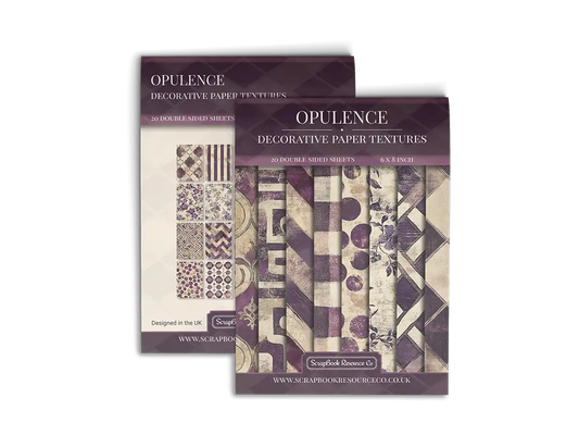 Front and back cover of a decorative paper prints pad with various patterns and textures in a purple colour, intended for use in junk journaling, scrapbooking, and cardmaking.