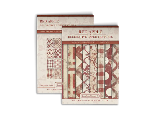 Front and back cover of a decorative paper prints pad with various patterns and textures in a red colour, intended for use in junk journaling, scrapbooking, and cardmaking.