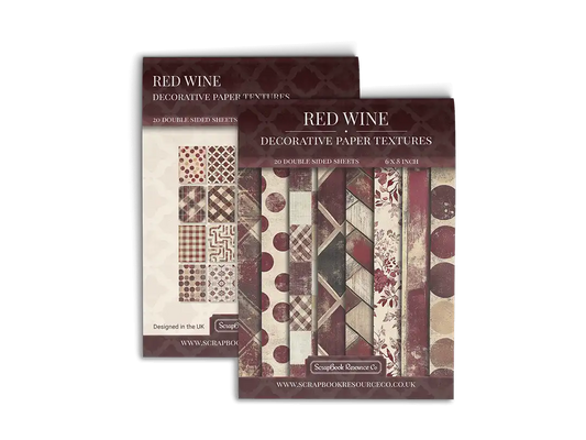 Front and back cover of a decorative paper prints pad with various patterns and textures in a burgundy colour, intended for use in junk journaling, scrapbooking, and cardmaking.