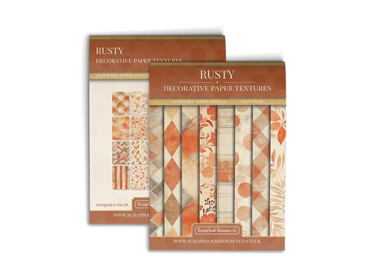 Front and back cover of a decorative paper prints pad with various patterns and textures in a orange colour, intended for use in junk journaling, scrapbooking, and cardmaking.