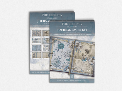 Blue Junk Journal pages kit with decorative elements on a light gray background