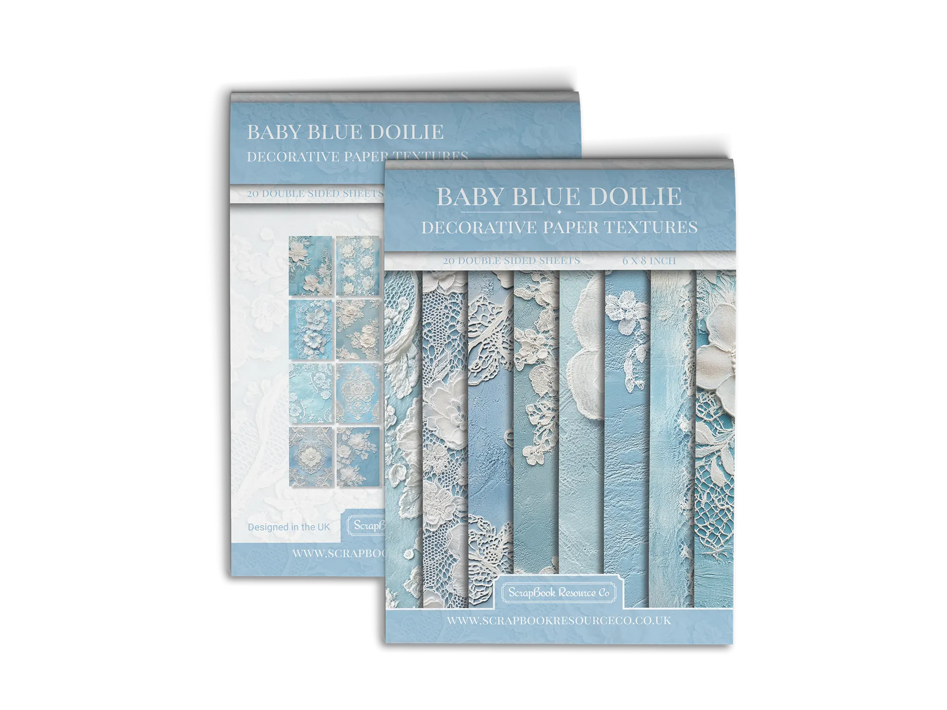 Front and Back cover of a decorative paper prints pad that contains blue vintage doilie patterns