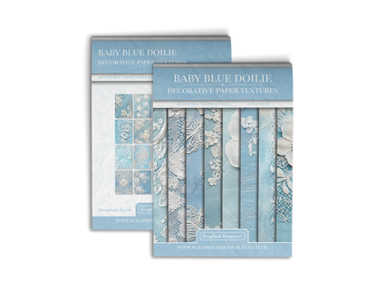 Front and Back cover of a decorative paper prints pad that contains blue vintage doilie patterns