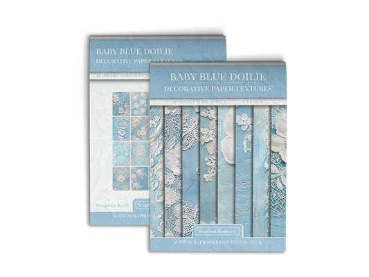 Front and Back cover of a decorative paper prints pad that contains blue vintage doilie patterns
