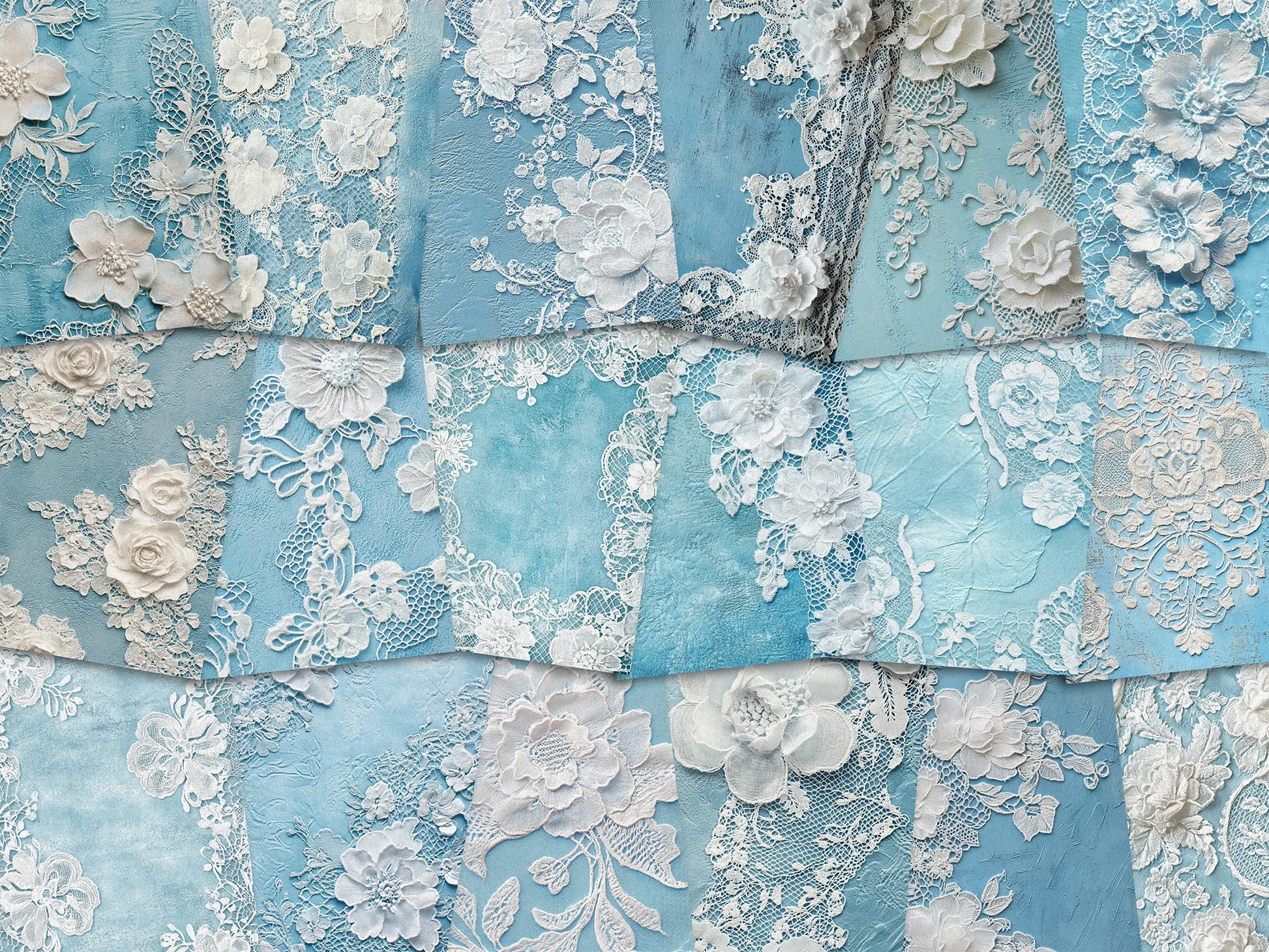 Patterned paper with floral and lace designs in shades of blue and white.