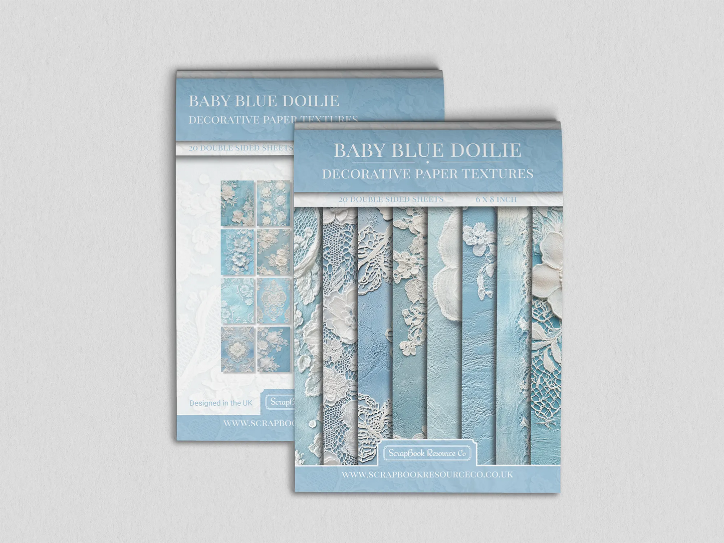 Front and Back cover of a decorative paper prints pad that contains blue vintage doilie patterns