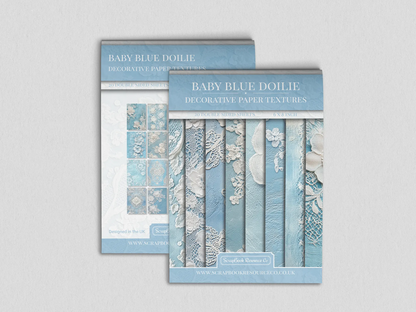Front and Back cover of a decorative paper prints pad that contains blue vintage doilie patterns