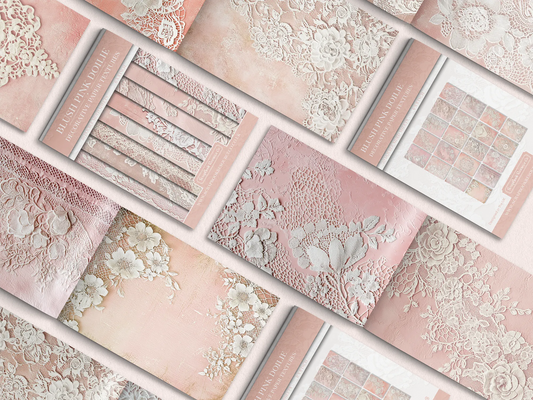 Collection of pink textured paper with lace and floral patterns