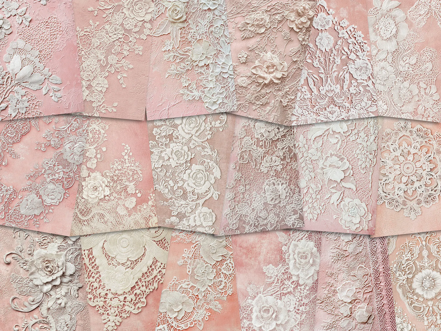 Patterned paper with floral and lace designs in shades of pink and white.