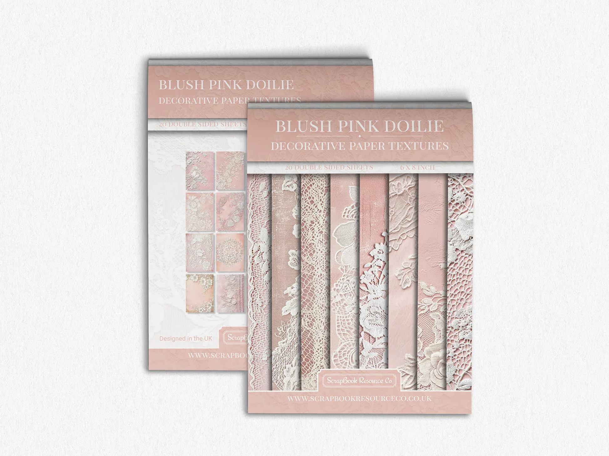 Front and Back cover of a decorative paper prints pad that contains pink vintage doilie patterns