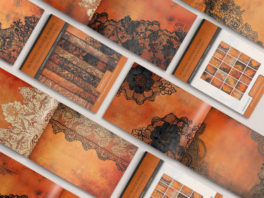 Collection of orange textured paper with lace and floral patterns