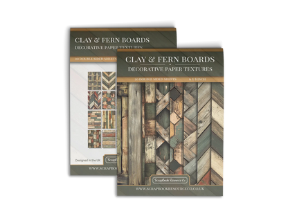 Front and Back cover of a decorative paper prints pad that contains green, orange and brown coloured wooden textures